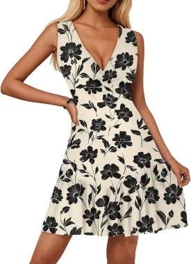2025 Women's Summer Dresses Sleeveless Tropical Sexy Wrap V Neck Floral Hem Pleated Sunbathing Mini Dresses