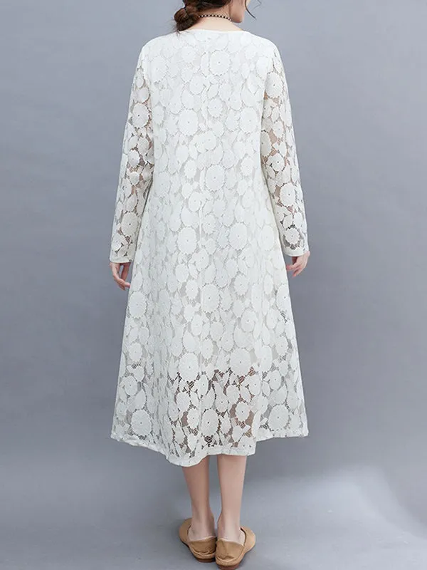 A-Line Long Sleeves Hollow Round-Neck Midi Dresses