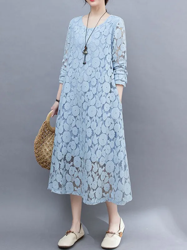 A-Line Long Sleeves Hollow Round-Neck Midi Dresses