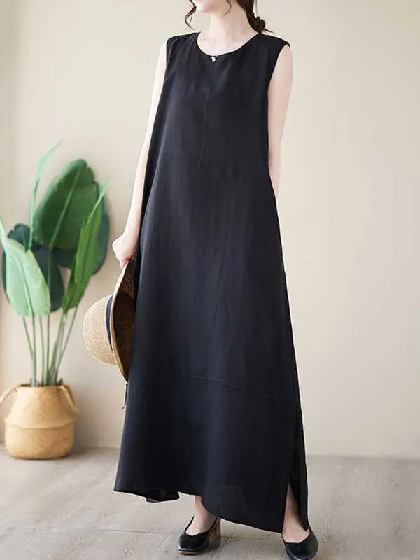 A-Line Loose Solid Color Round-Neck Midi Dresses