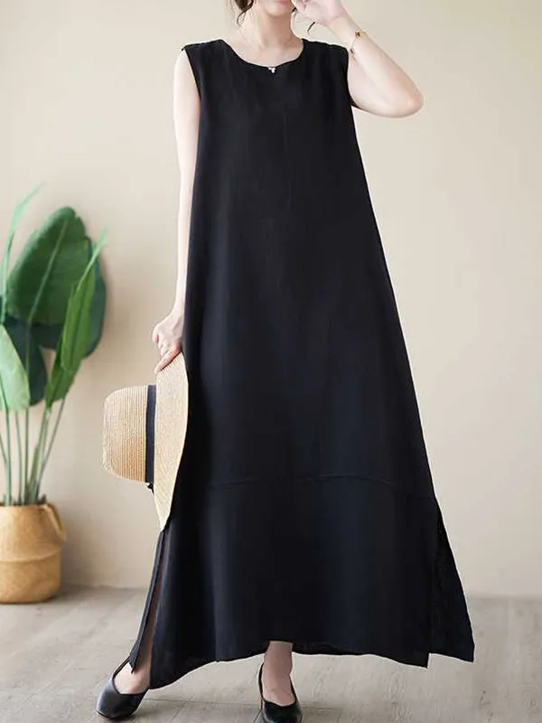 A-Line Loose Solid Color Round-Neck Midi Dresses