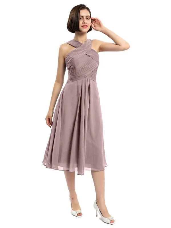 A-line Sleeveless Criss-cross Halter Tea-length Bridesmaid Dresses