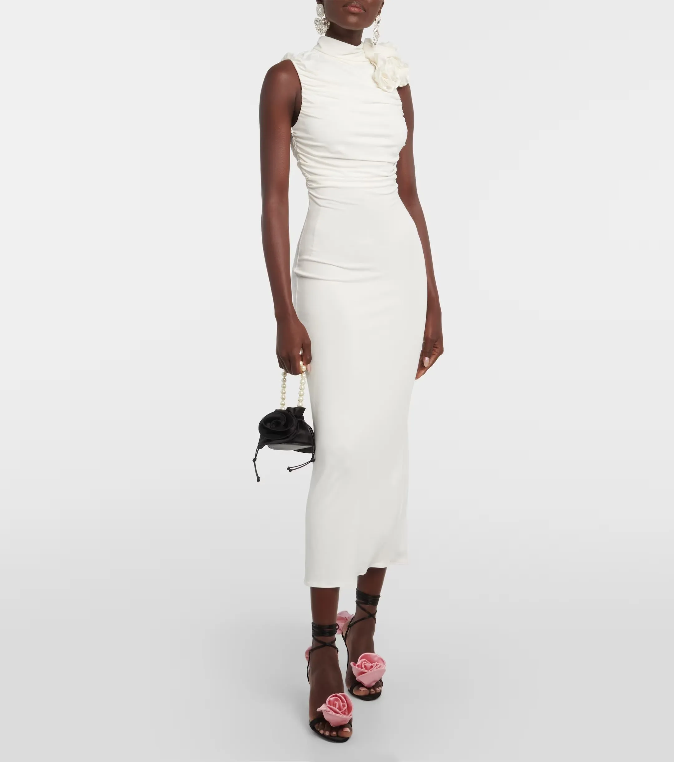 ADORA FLOWER EMBELLISHED RUCHED MIDI DRESS IN CREAM