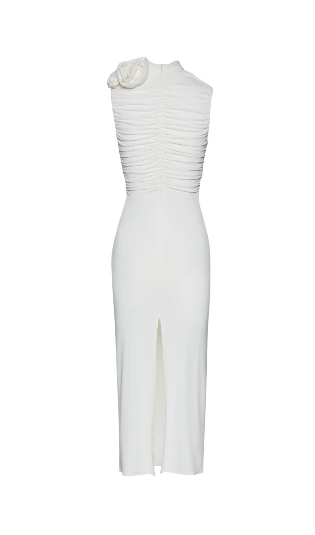 ADORA FLOWER EMBELLISHED RUCHED MIDI DRESS IN CREAM