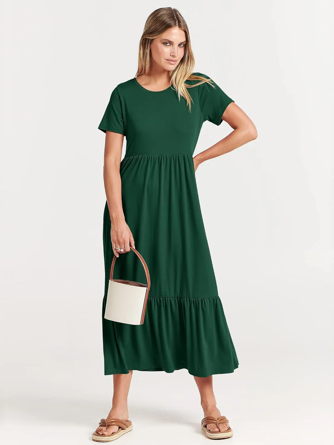 ANRABESS Womens 2025 Summer Casual Maxi Dress A line Tiered Flowy Short Sleeve Crewneck T Shirt Beach Travel Long Dresses