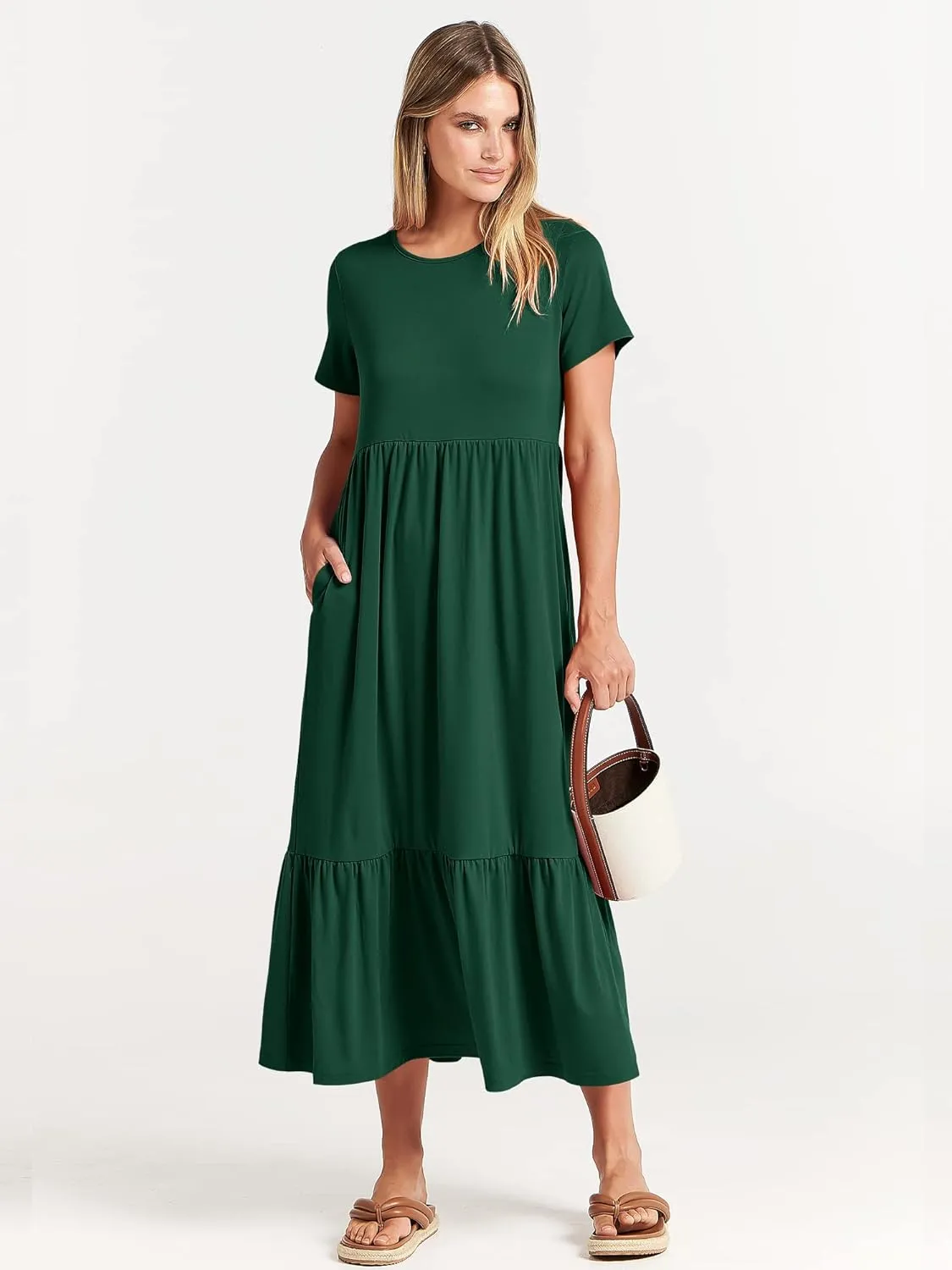 ANRABESS Womens 2025 Summer Casual Maxi Dress A line Tiered Flowy Short Sleeve Crewneck T Shirt Beach Travel Long Dresses