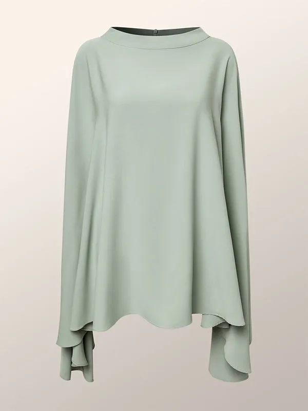 Batwing Sleeves Irregular Clipping Solid Color Stand Collar Blouse