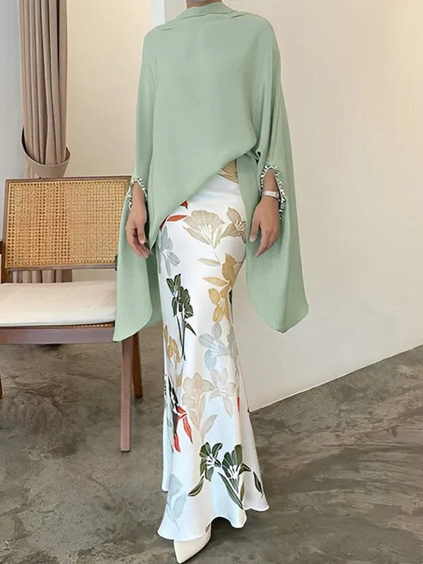 Batwing Sleeves Irregular Clipping Solid Color Stand Collar Blouse