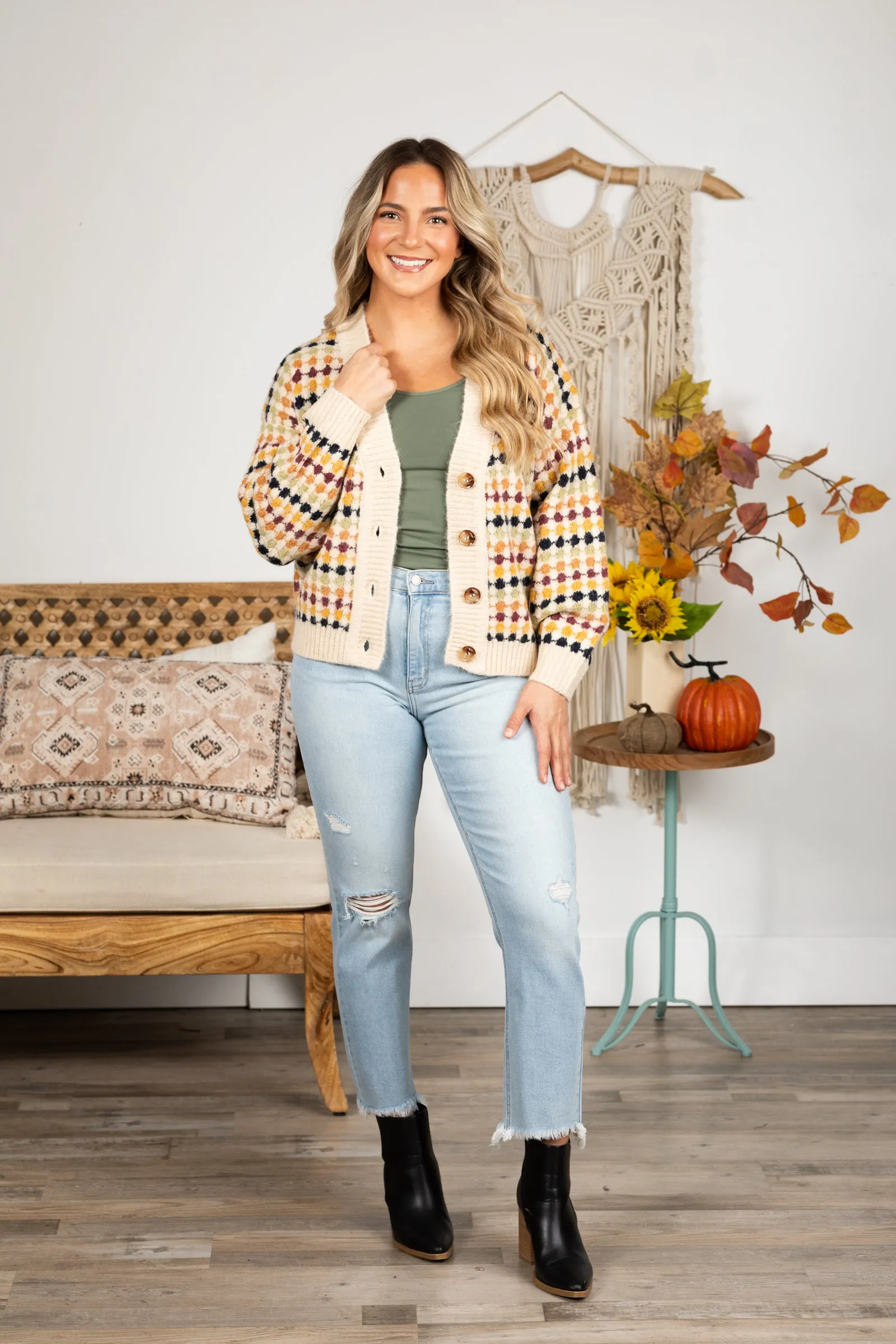 Beige Multicolor Button Knit Cardigan