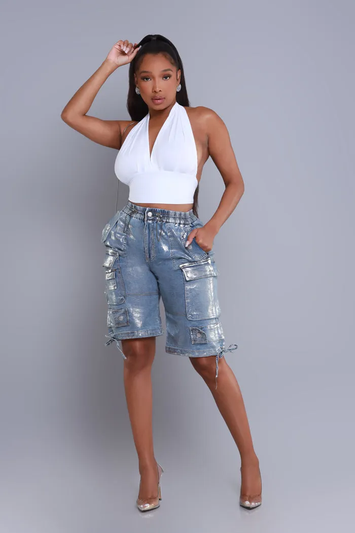 Break Your Heart Foil Cargo Shorts - Ice Blue