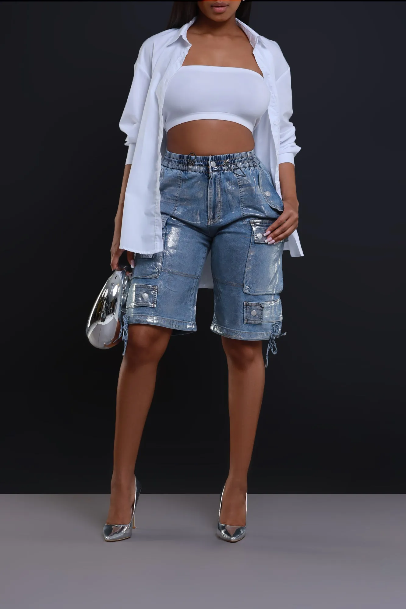 Break Your Heart Foil Cargo Shorts - Ice Blue