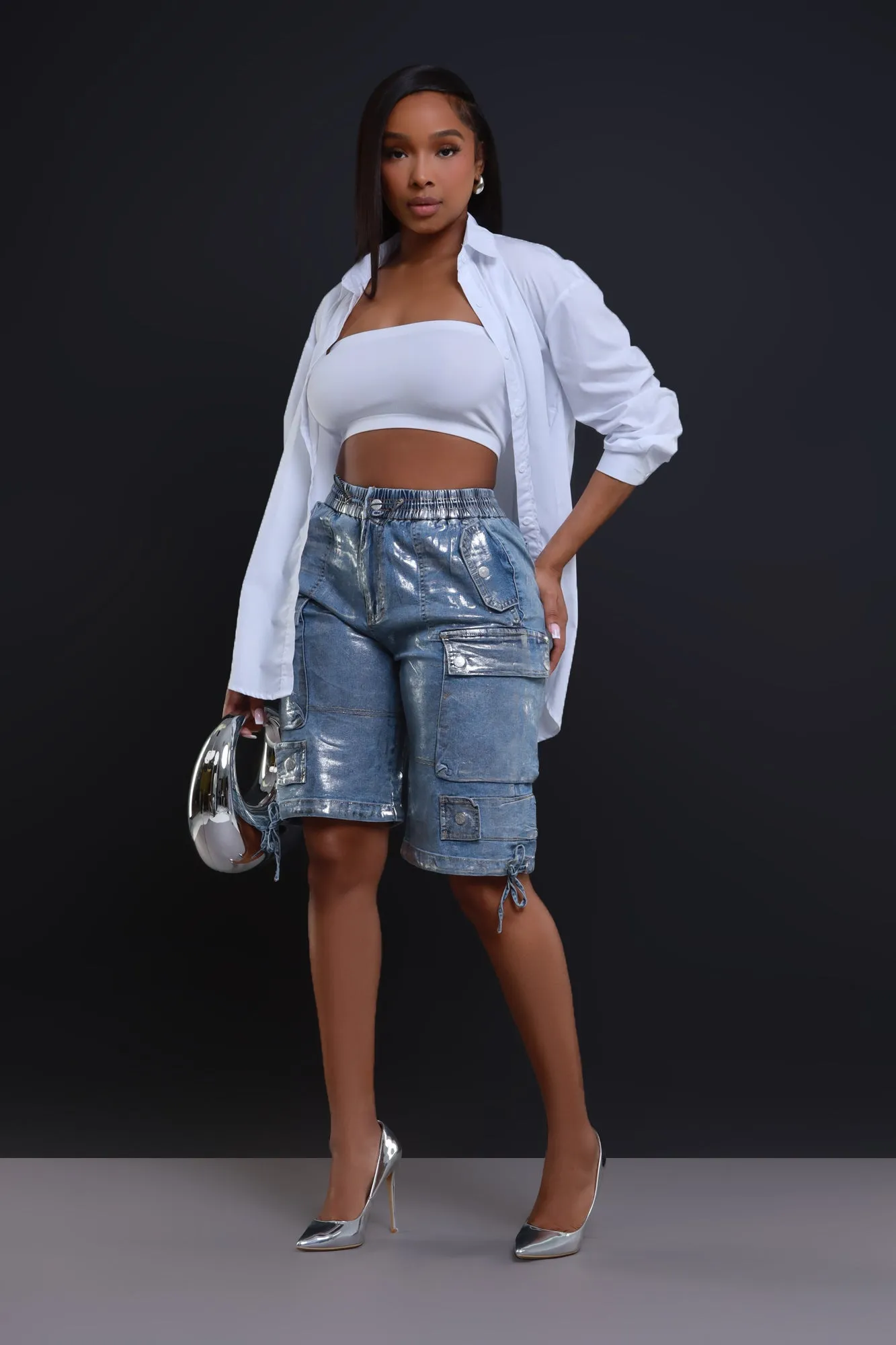 Break Your Heart Foil Cargo Shorts - Ice Blue
