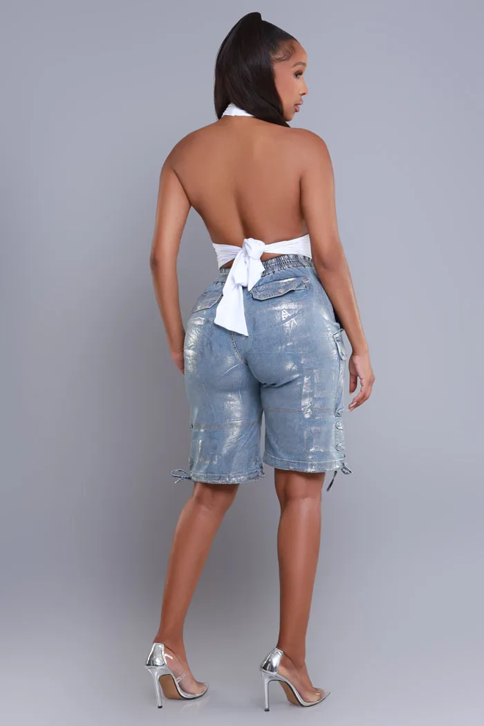 Break Your Heart Foil Cargo Shorts - Ice Blue