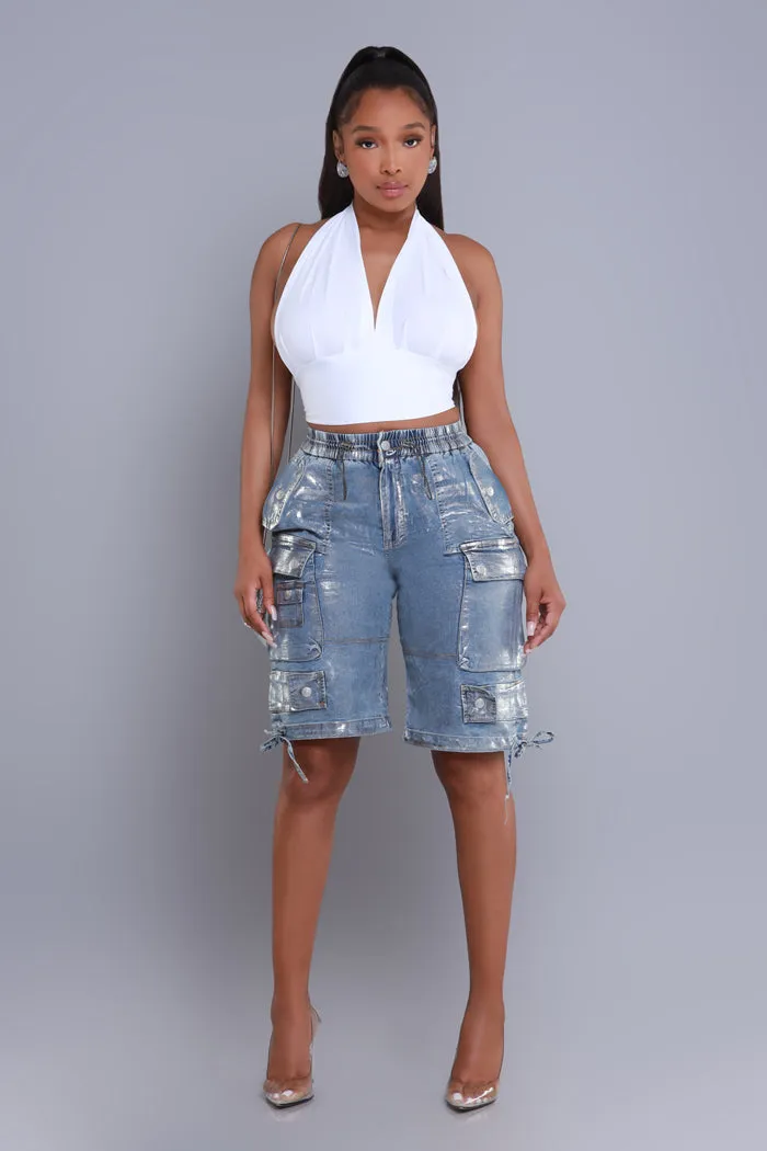 Break Your Heart Foil Cargo Shorts - Ice Blue