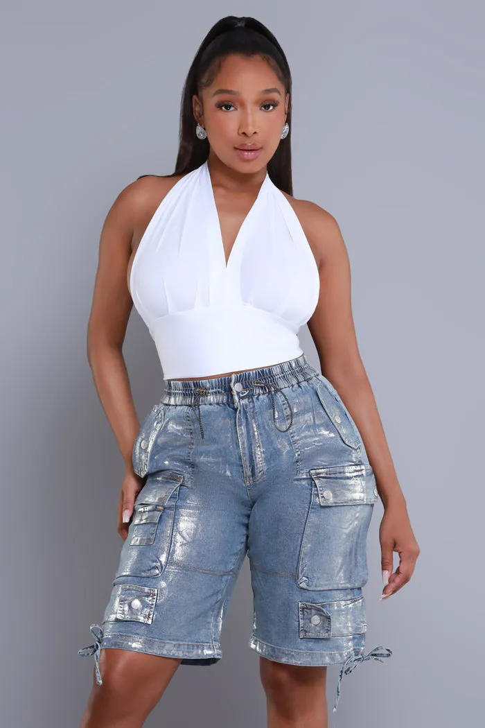 Break Your Heart Foil Cargo Shorts - Ice Blue