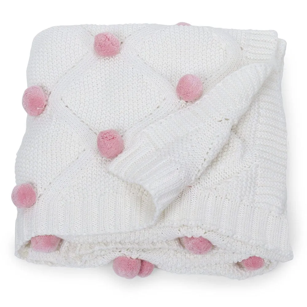 Bubblegum Pink Pom Pom100% pure cotton knitted Summer/AC blanket for baby