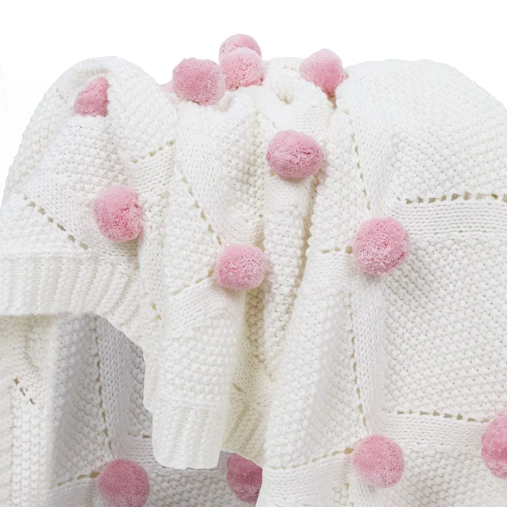 Bubblegum Pink Pom Pom100% pure cotton knitted Summer/AC blanket for baby