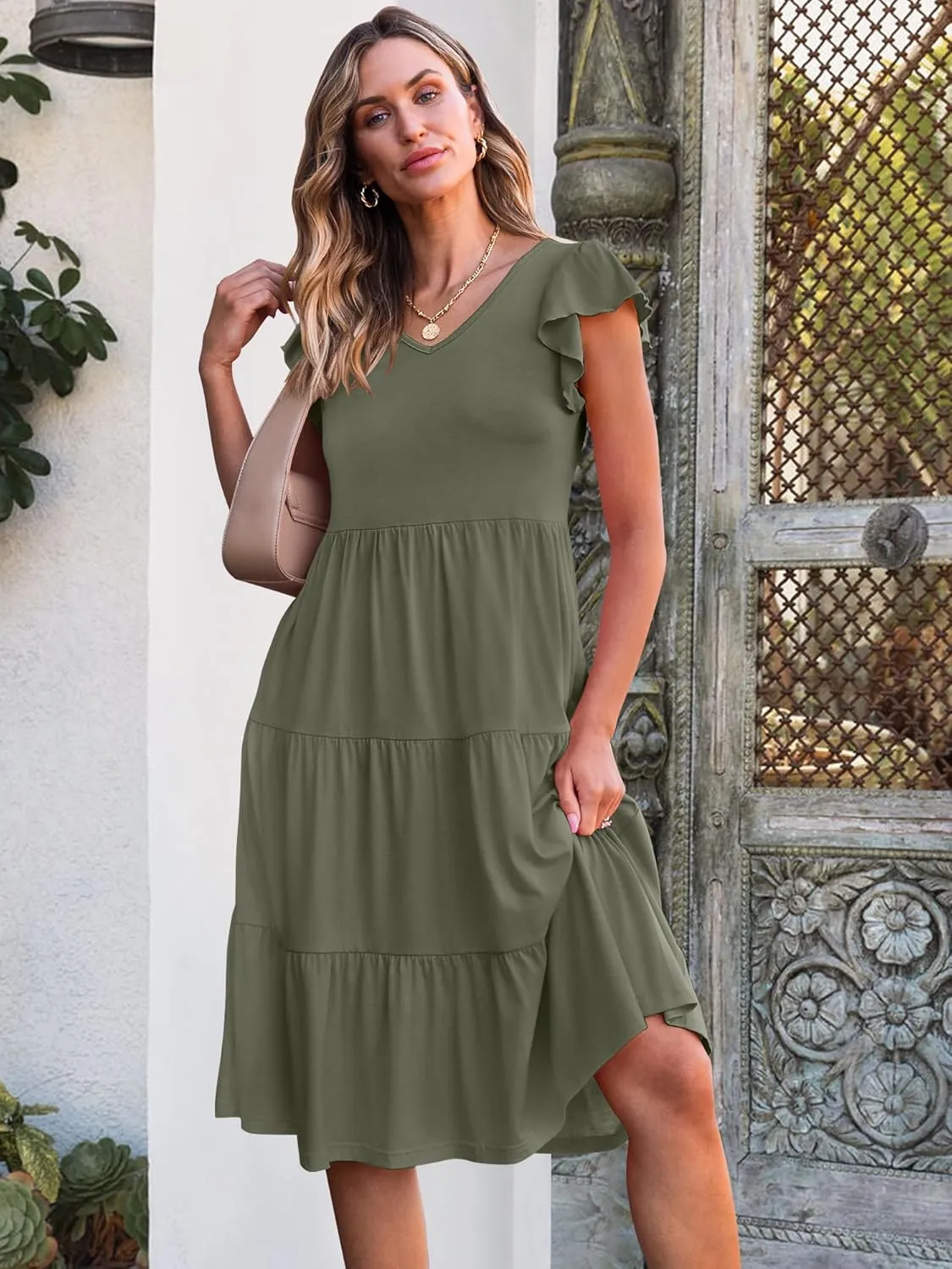 Caracilia Womens Summer Ruffle Sleeve V Neck Midi Dress Flowy Boho Casual A-Line Tiered Knee Length Beach Vacation Sundress