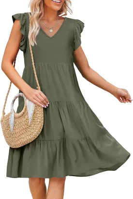 Caracilia Womens Summer Ruffle Sleeve V Neck Midi Dress Flowy Boho Casual A-Line Tiered Knee Length Beach Vacation Sundress