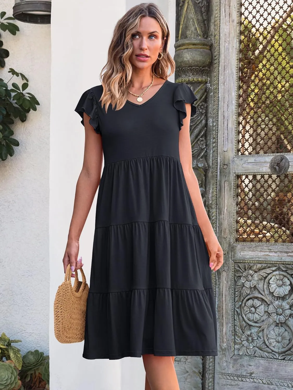 Caracilia Womens Summer Ruffle Sleeve V Neck Midi Dress Flowy Boho Casual A-Line Tiered Knee Length Beach Vacation Sundress