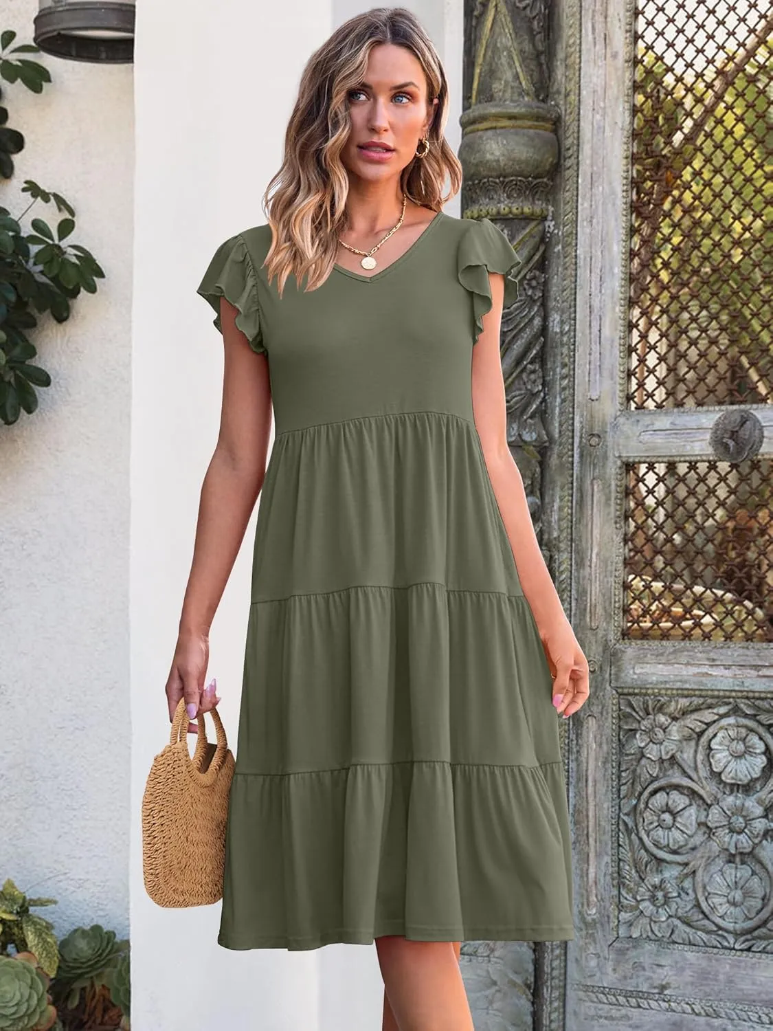 Caracilia Womens Summer Ruffle Sleeve V Neck Midi Dress Flowy Boho Casual A-Line Tiered Knee Length Beach Vacation Sundress