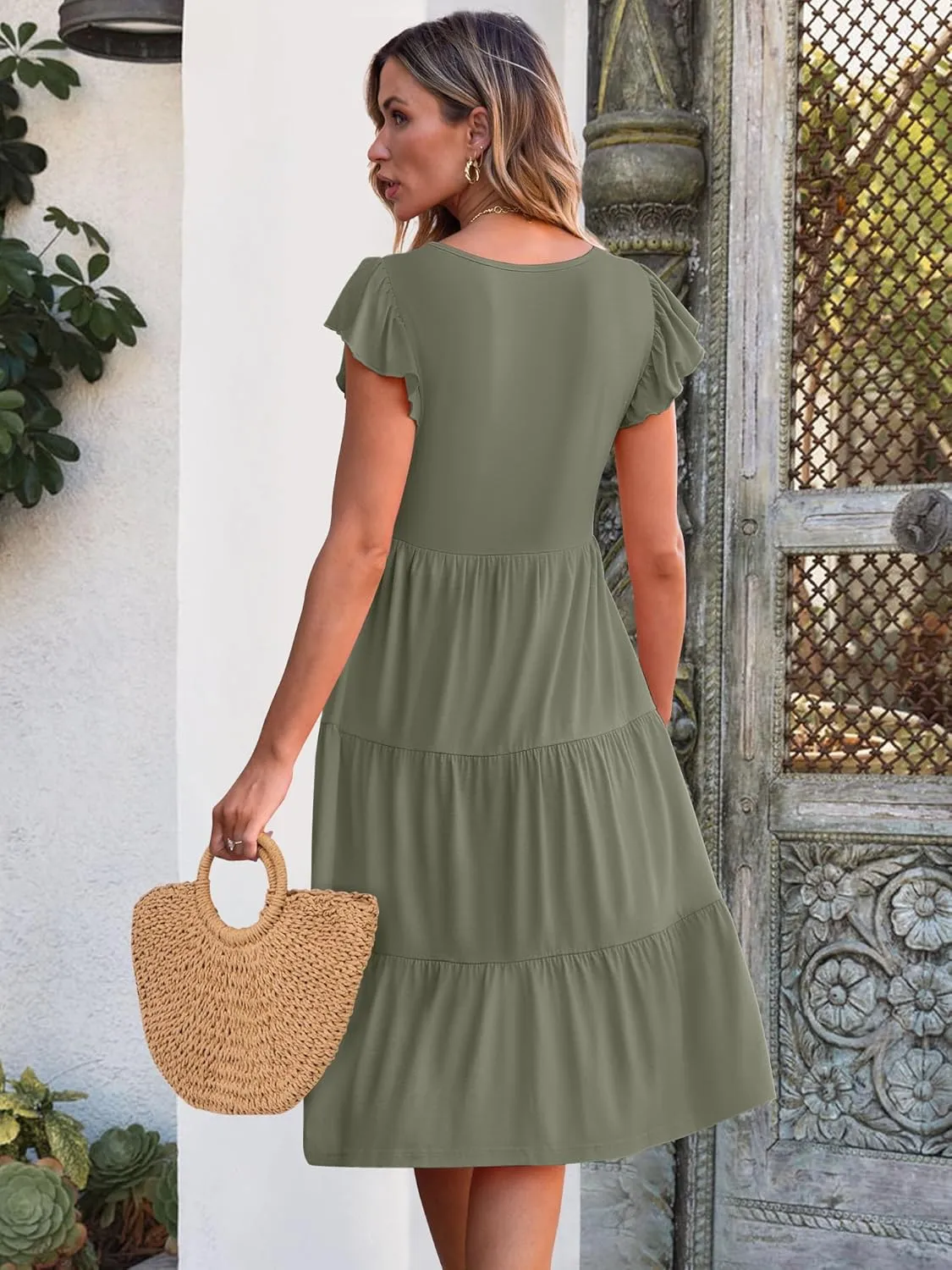 Caracilia Womens Summer Ruffle Sleeve V Neck Midi Dress Flowy Boho Casual A-Line Tiered Knee Length Beach Vacation Sundress