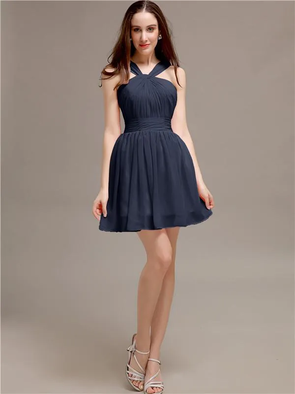 Chiffon A-line Halter Knee-Length Bridesmaid Dresses