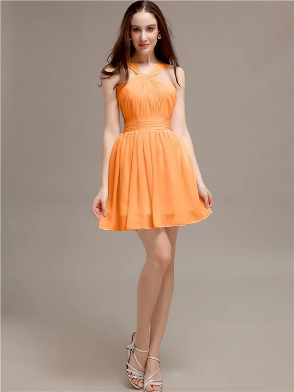 Chiffon A-line Halter Knee-Length Bridesmaid Dresses