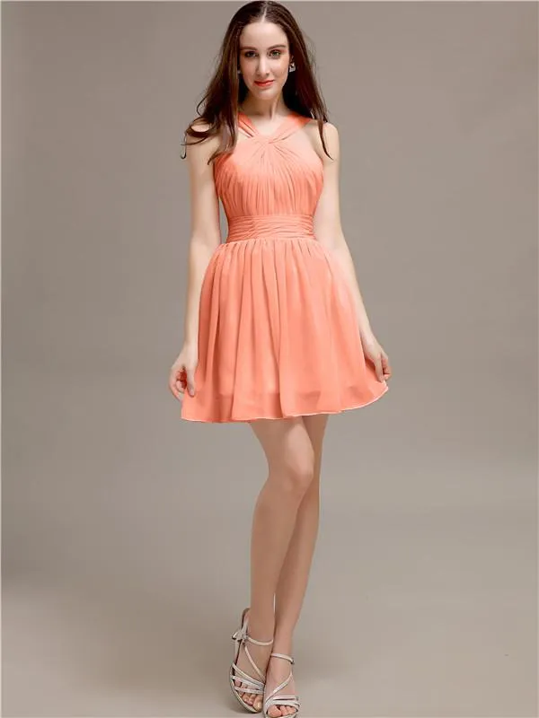Chiffon A-line Halter Knee-Length Bridesmaid Dresses
