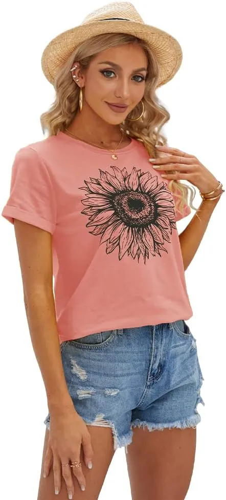 Cicy Bell Women's T Shirts Short Sleeve Tees Sunflower Graphic Loose Summer Tops