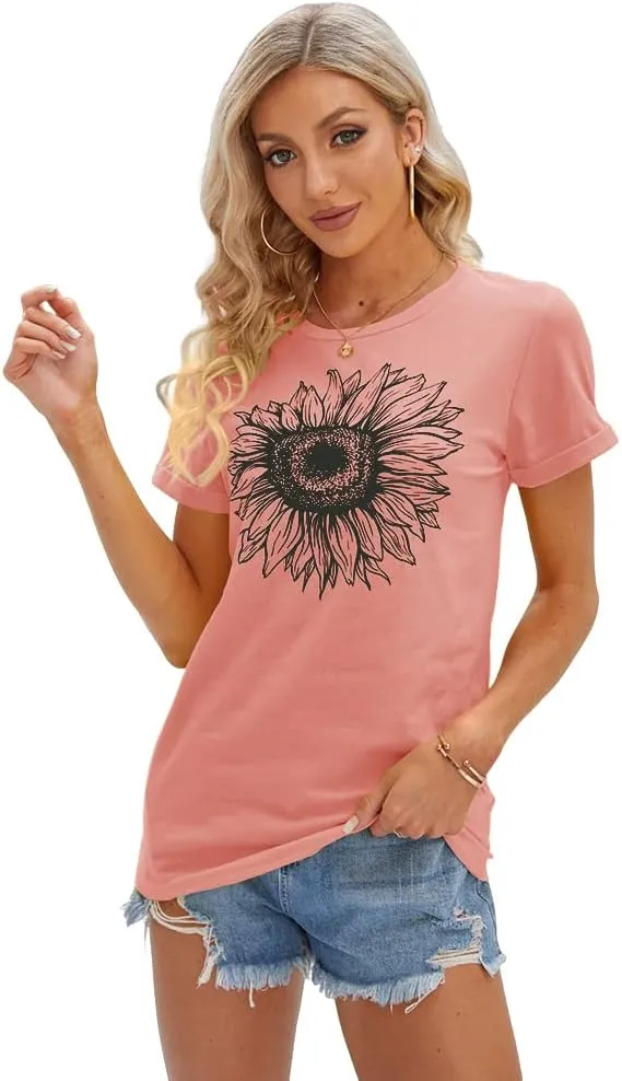 Cicy Bell Women's T Shirts Short Sleeve Tees Sunflower Graphic Loose Summer Tops