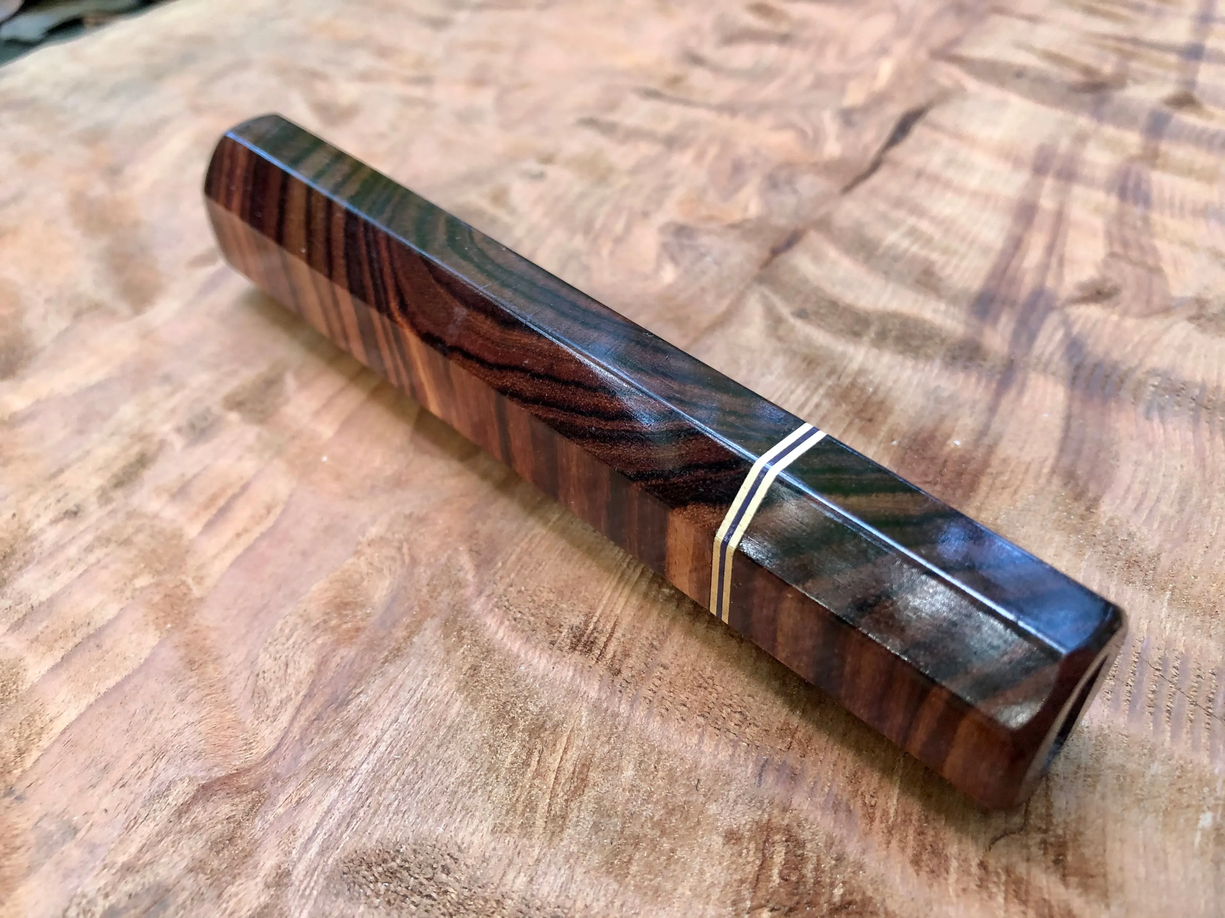 Custom Japanese Knife Handle (Wa Handle) - Crosscut kingwood and bronze