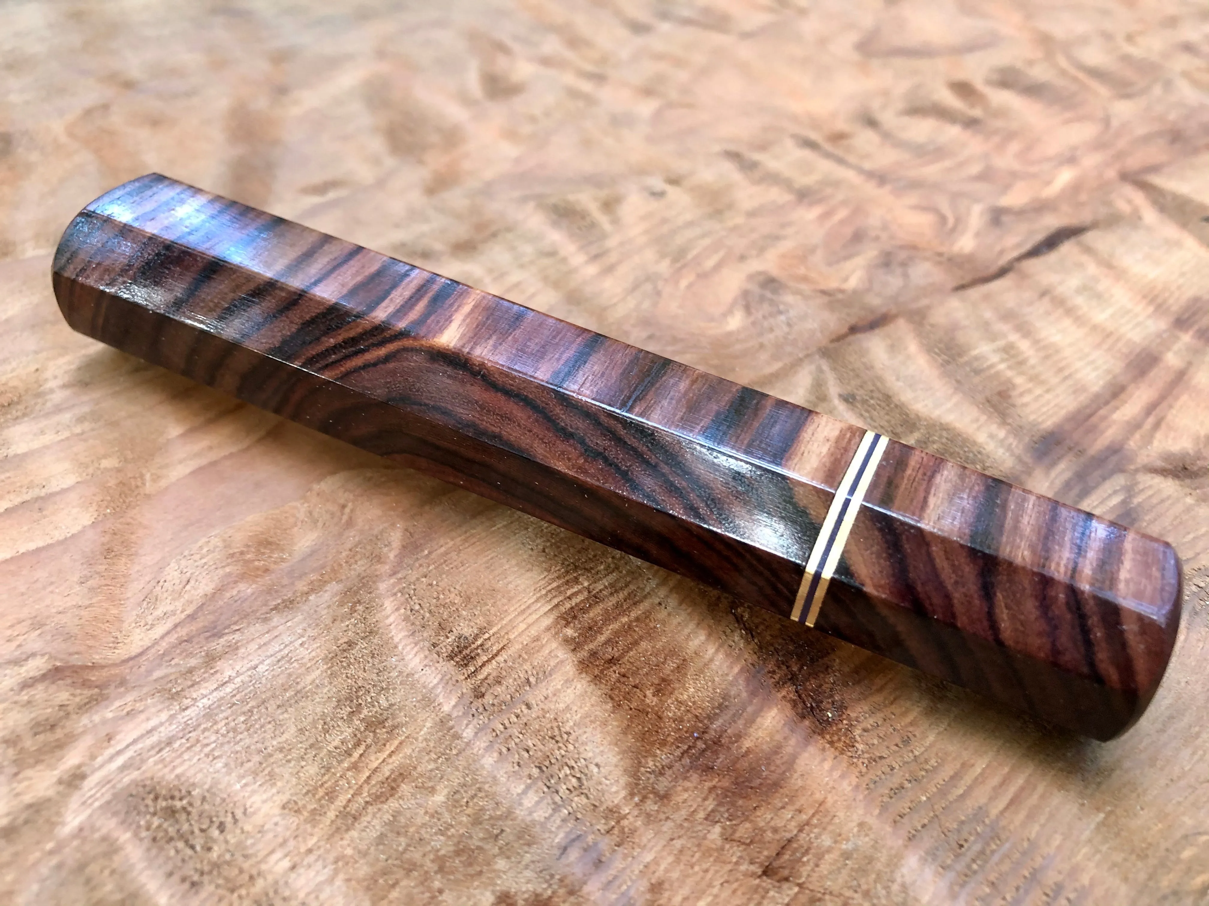 Custom Japanese Knife Handle (Wa Handle) - Crosscut kingwood and bronze