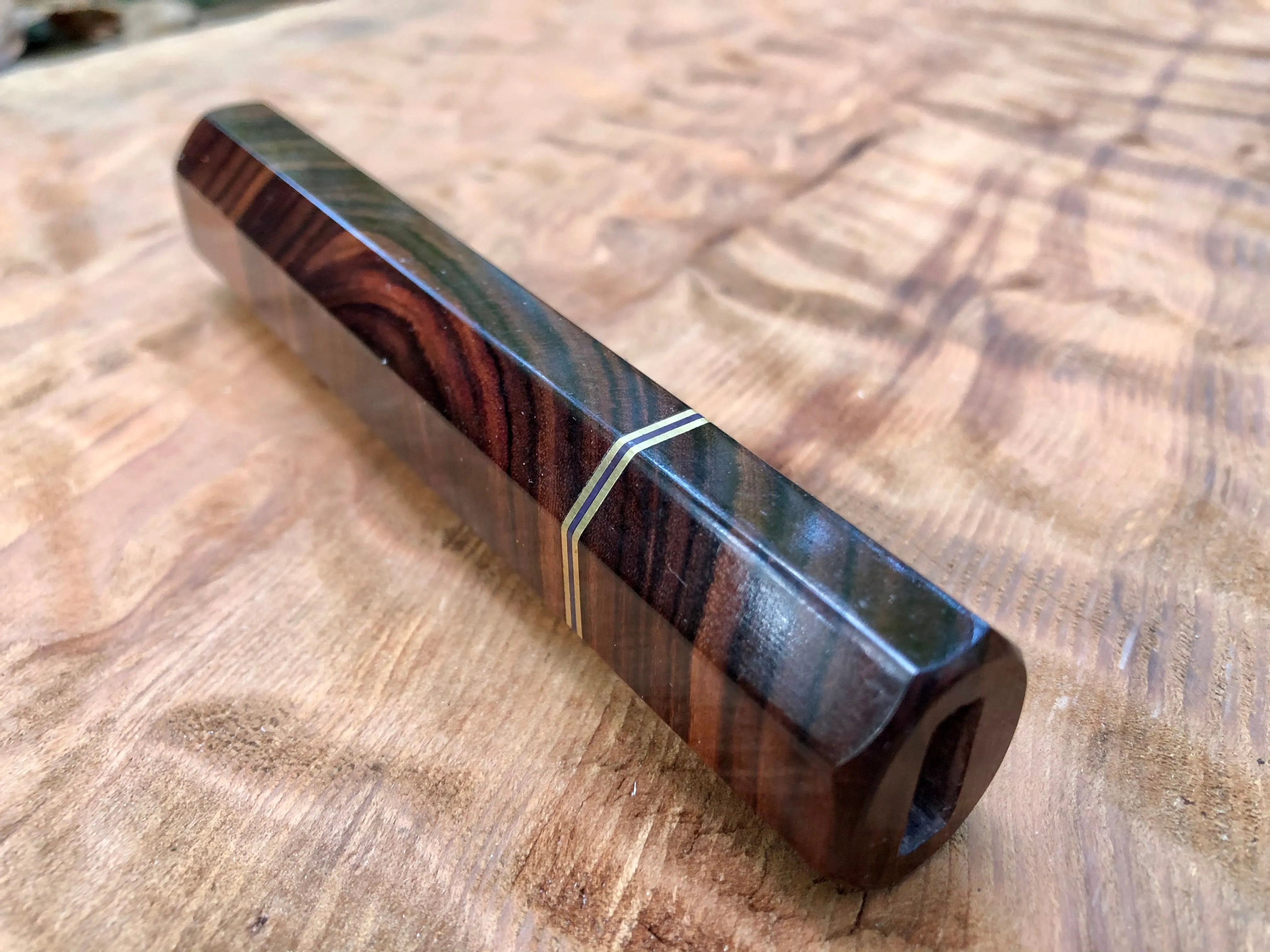 Custom Japanese Knife Handle (Wa Handle) - Crosscut kingwood and bronze