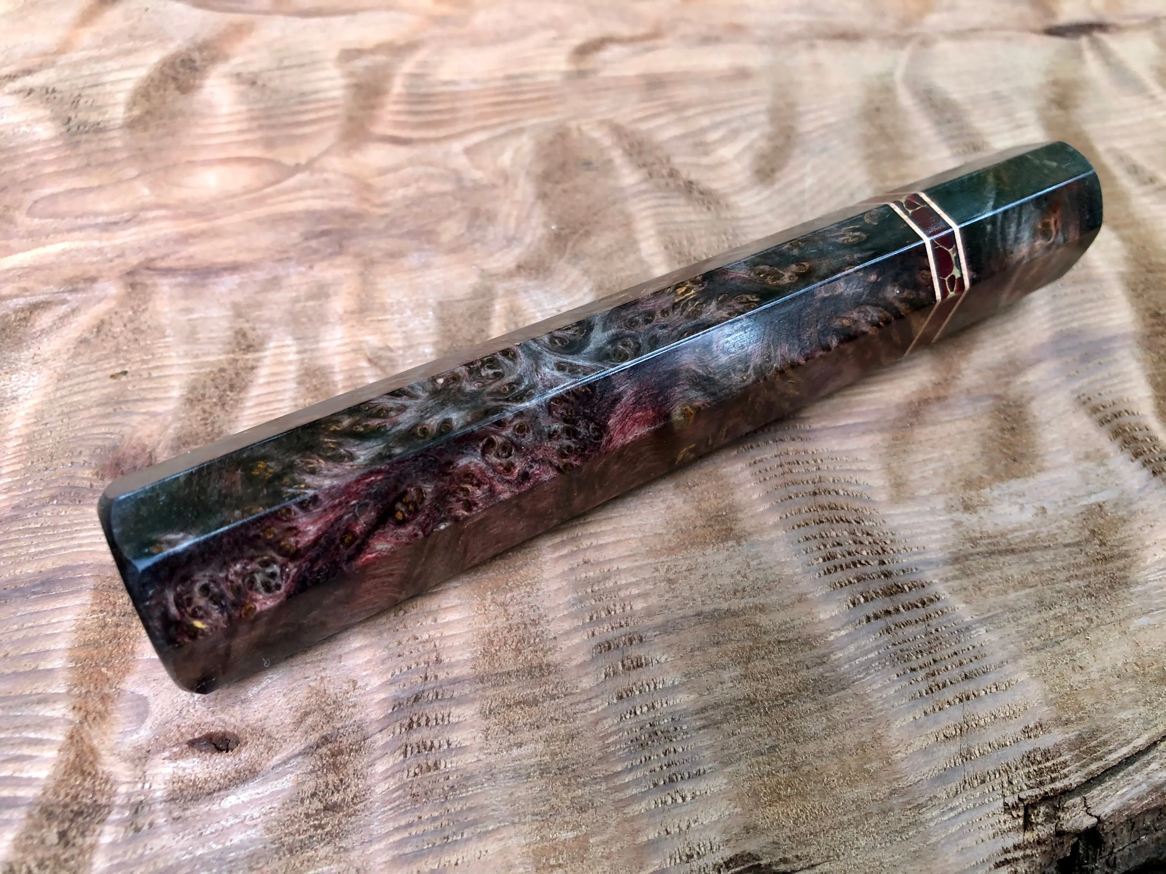 Custom Japanese Knife Handle (Wa Handle) - Double-dyed Yellow Cedar with Stone