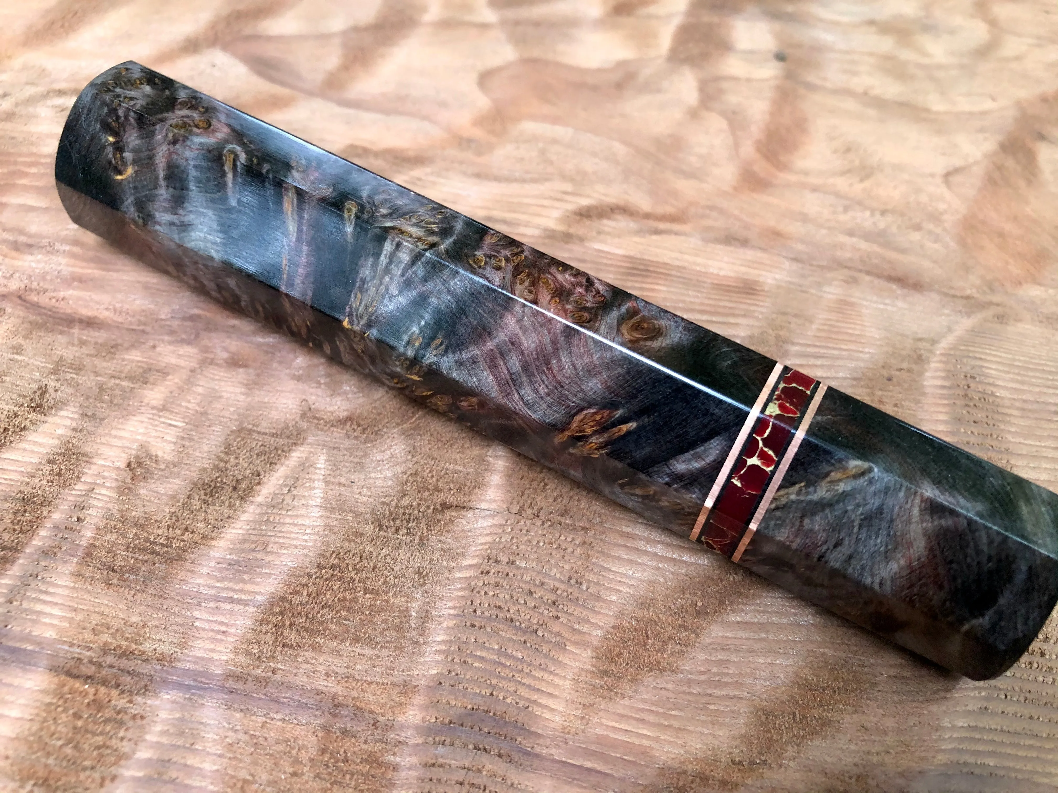 Custom Japanese Knife Handle (Wa Handle) - Double-dyed Yellow Cedar with Stone