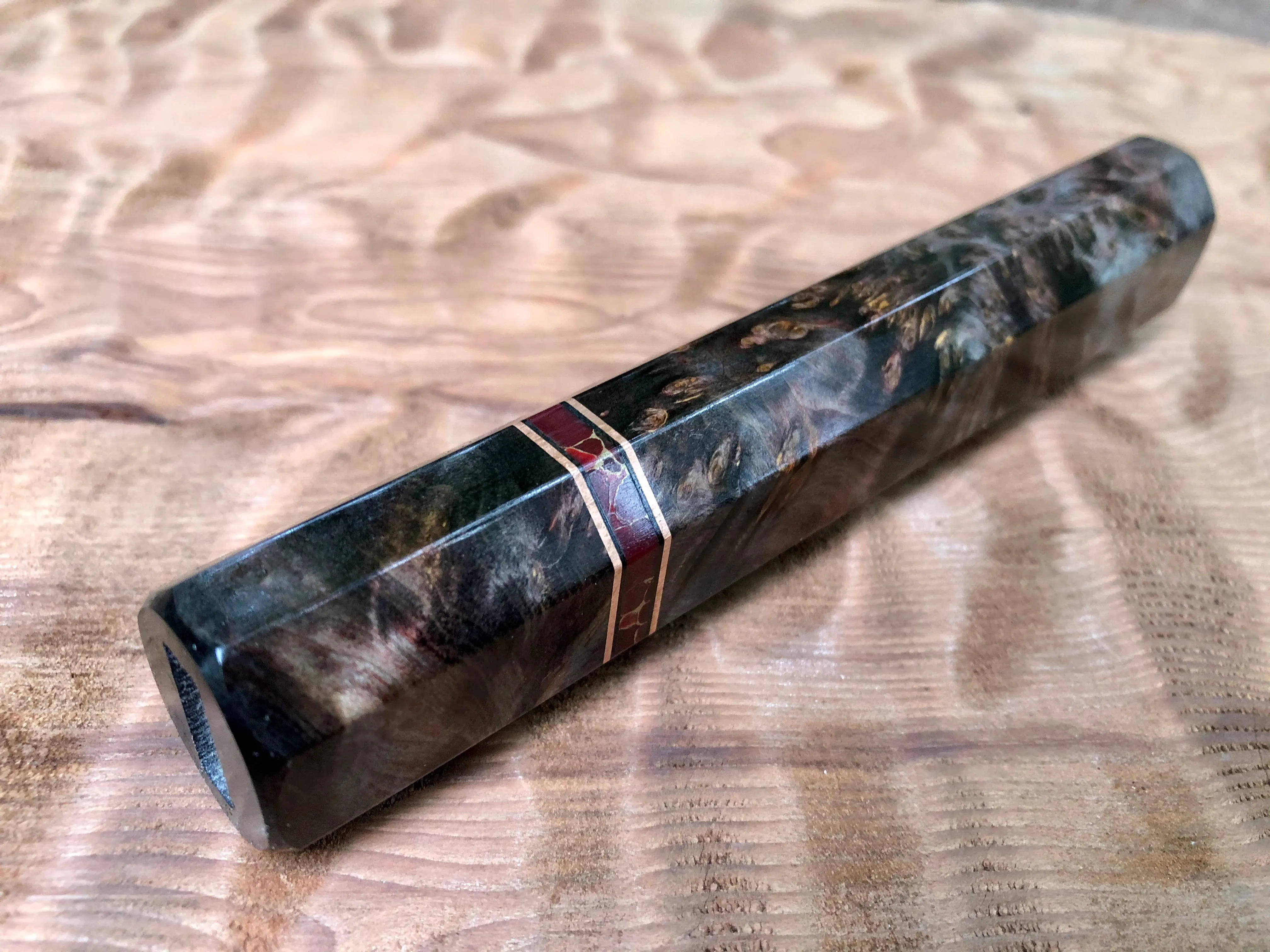 Custom Japanese Knife Handle (Wa Handle) - Double-dyed Yellow Cedar with Stone