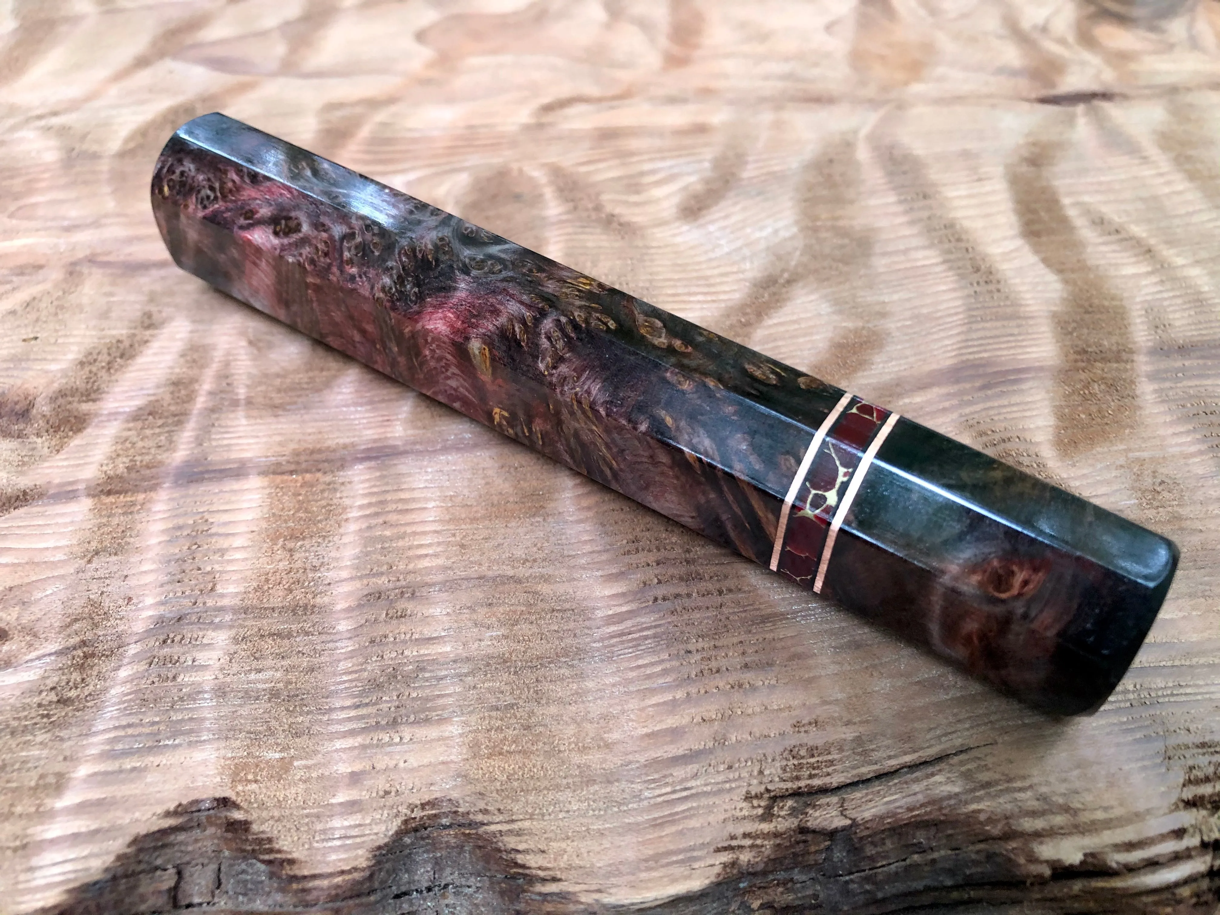 Custom Japanese Knife Handle (Wa Handle) - Double-dyed Yellow Cedar with Stone