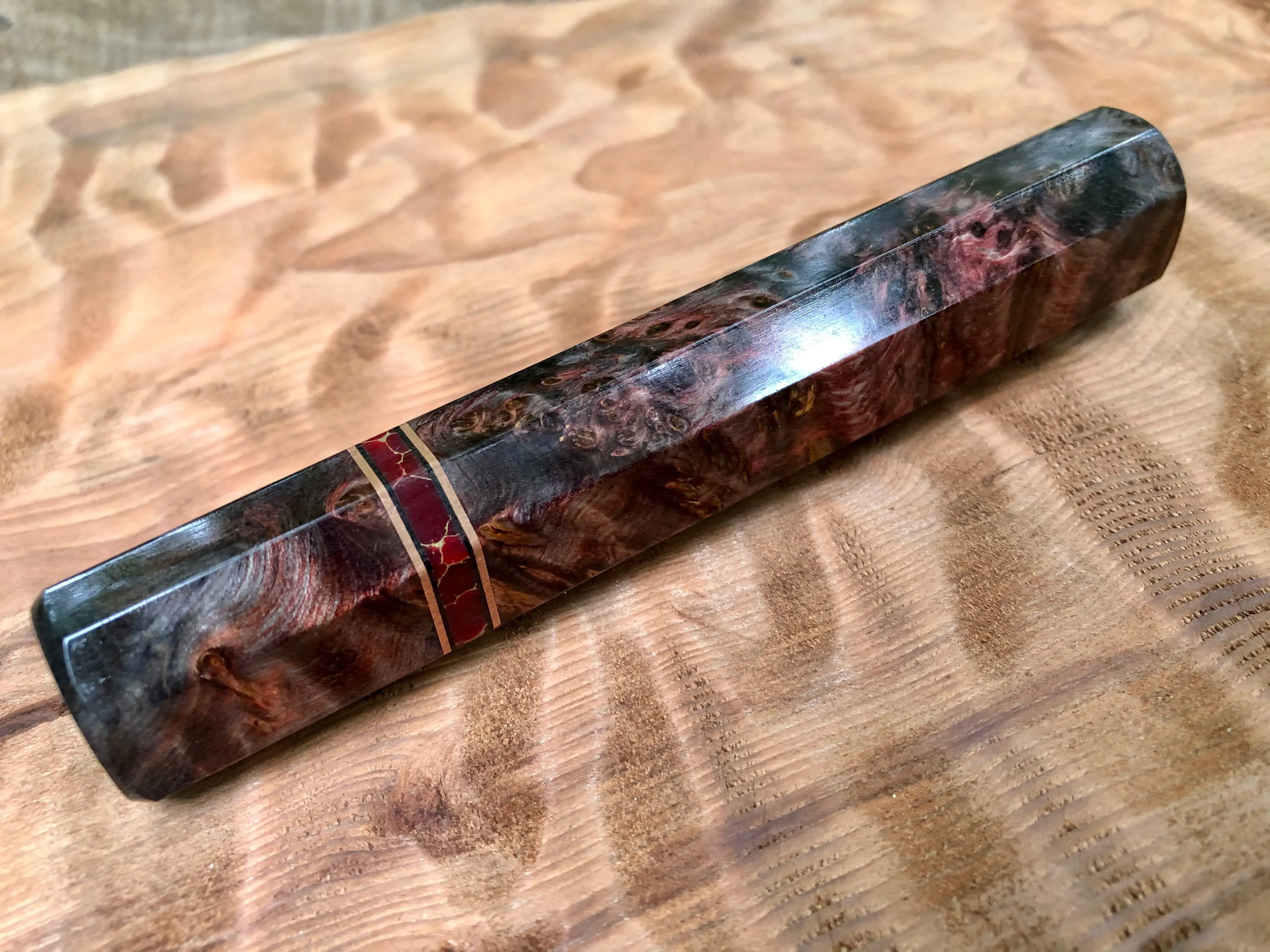 Custom Japanese Knife Handle (Wa Handle) - Double-dyed Yellow Cedar with Stone