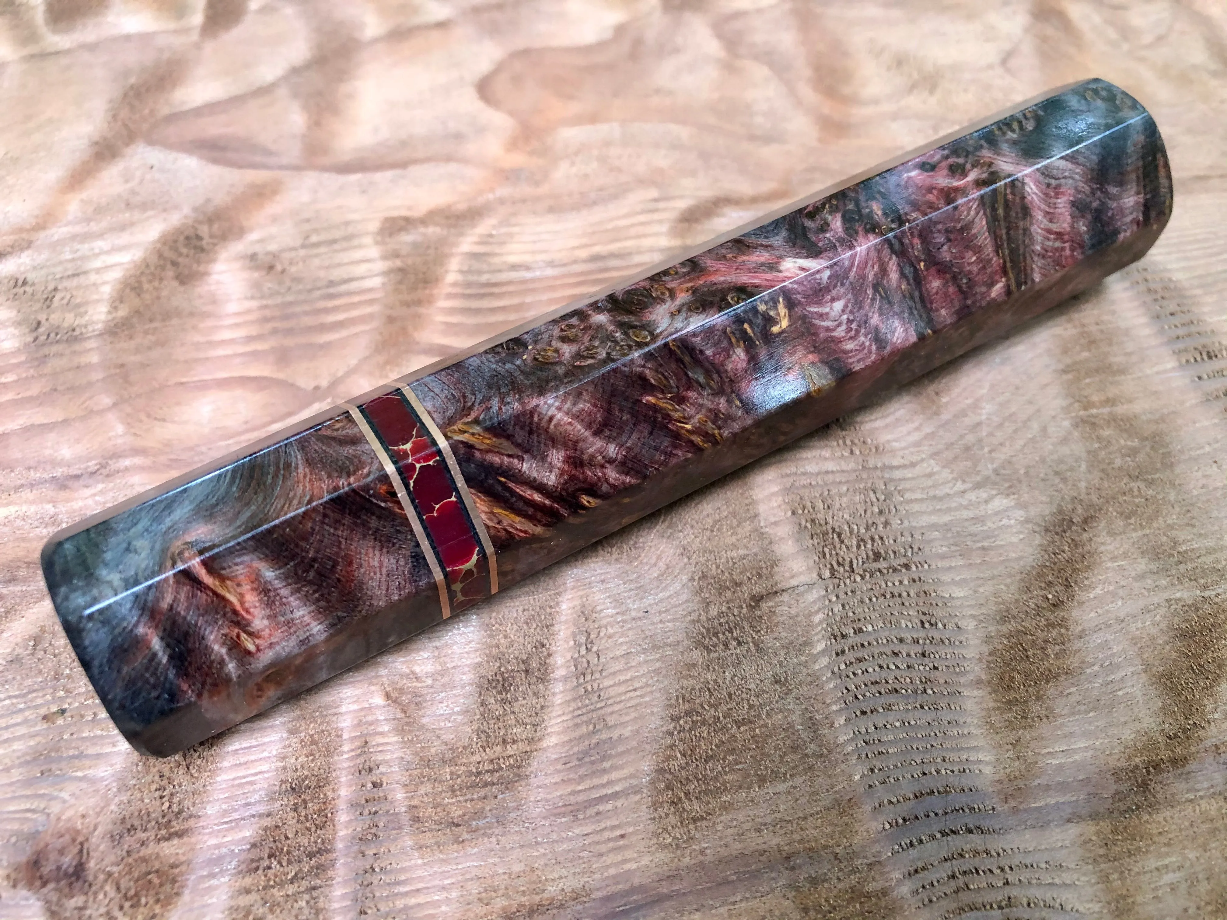 Custom Japanese Knife Handle (Wa Handle) - Double-dyed Yellow Cedar with Stone