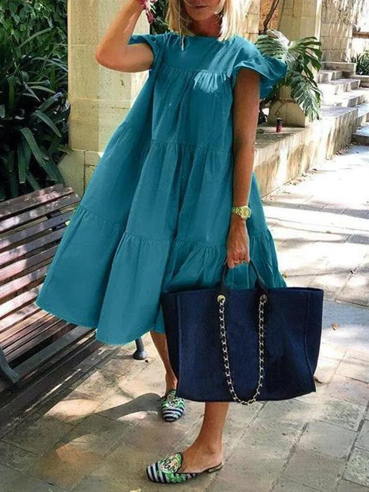 deanwangkt Women Solid Color Loose Ruffles Short Sleeve Casual Midi Dresses