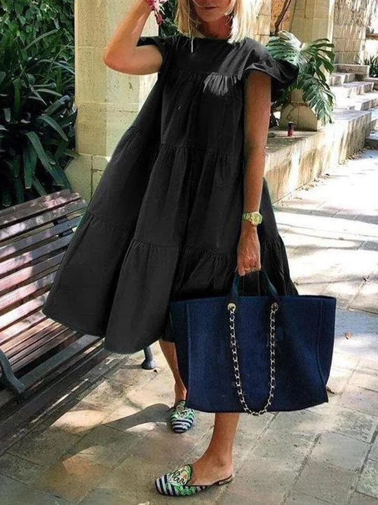 deanwangkt Women Solid Color Loose Ruffles Short Sleeve Casual Midi Dresses