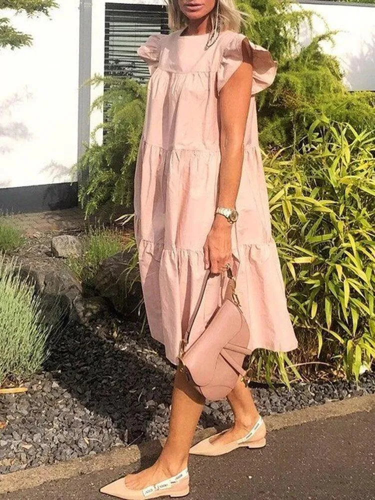deanwangkt Women Solid Color Loose Ruffles Short Sleeve Casual Midi Dresses