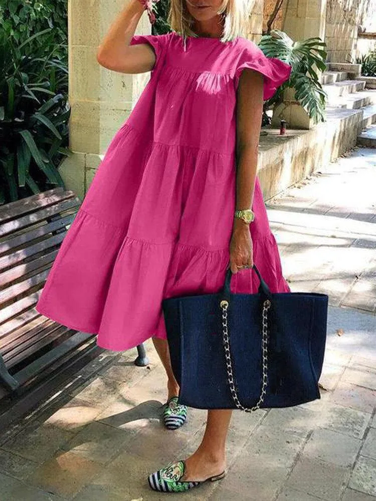 deanwangkt Women Solid Color Loose Ruffles Short Sleeve Casual Midi Dresses
