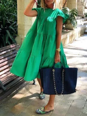 deanwangkt Women Solid Color Loose Ruffles Short Sleeve Casual Midi Dresses