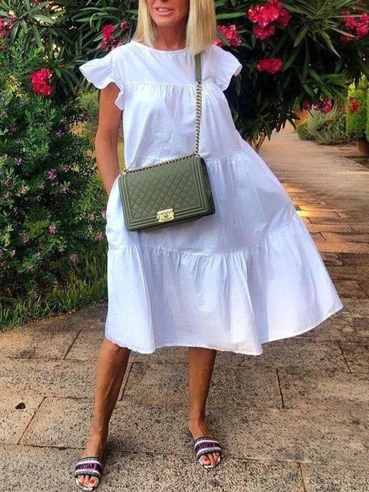 deanwangkt Women Solid Color Loose Ruffles Short Sleeve Casual Midi Dresses