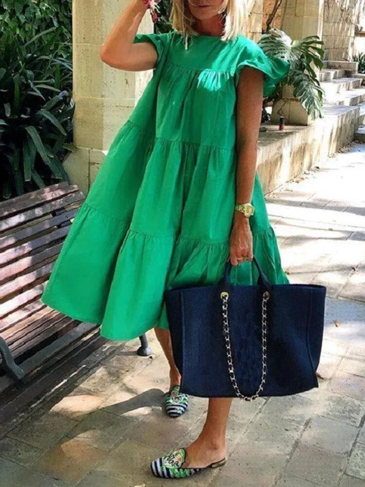deanwangkt Women Solid Color Loose Ruffles Short Sleeve Casual Midi Dresses