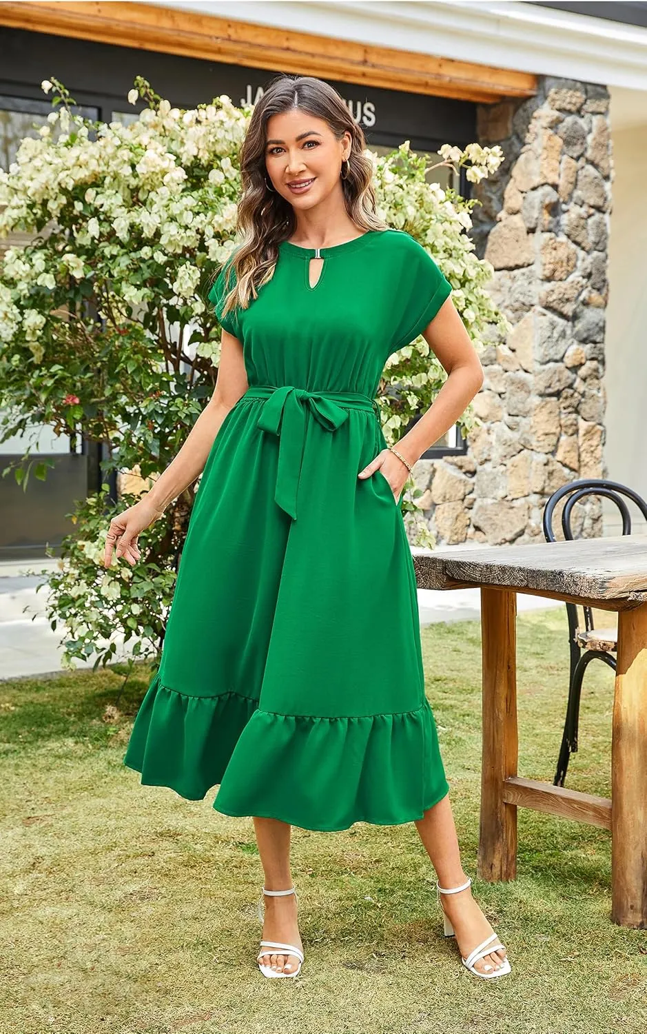 ECOWISH Womens Casual Midi Dresses Solid V Neck Short Sleeve Button Shirt Belted Dress with Pockets for Spring Summer 2025
