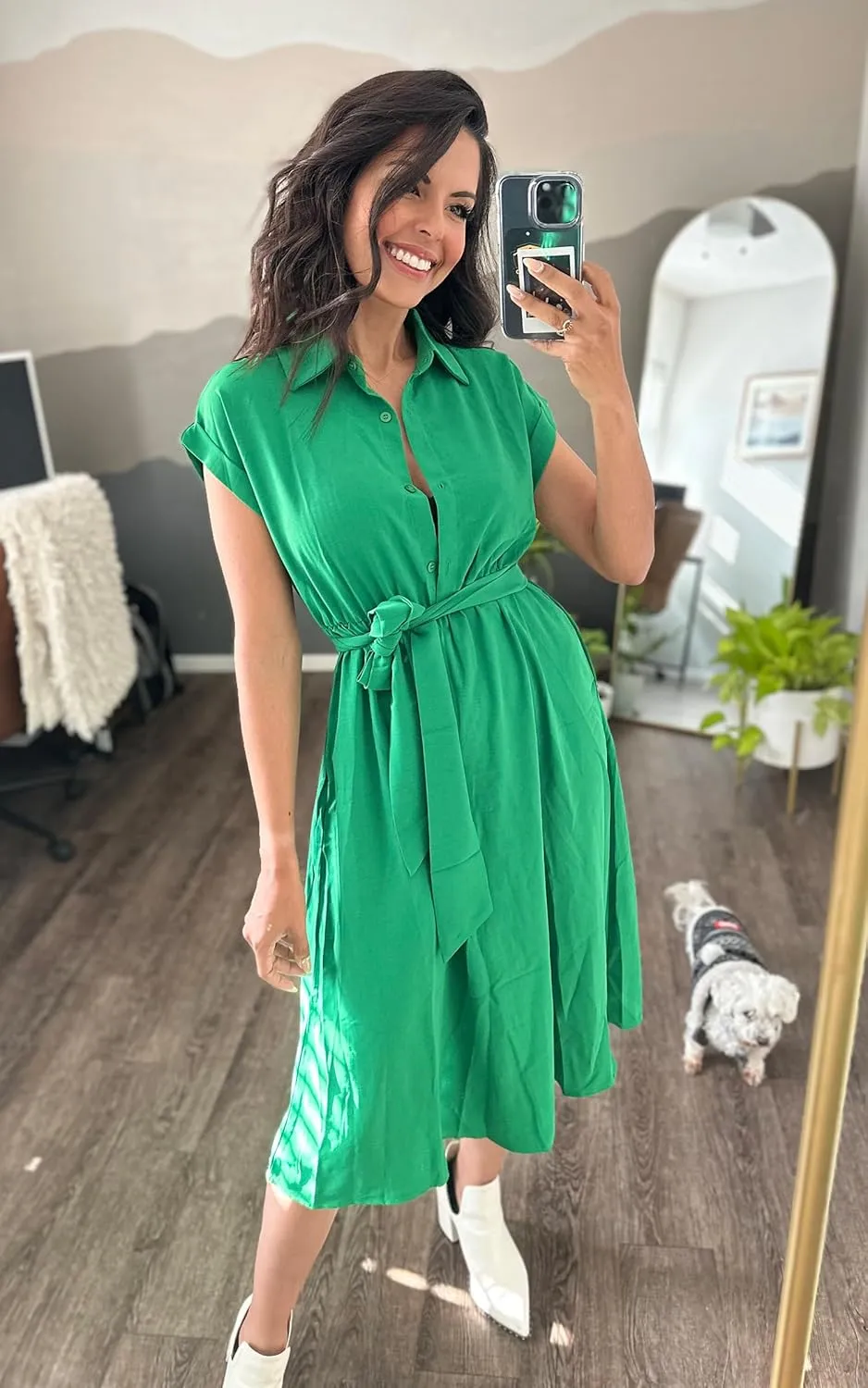 ECOWISH Womens Casual Midi Dresses Solid V Neck Short Sleeve Button Shirt Belted Dress with Pockets for Spring Summer 2025
