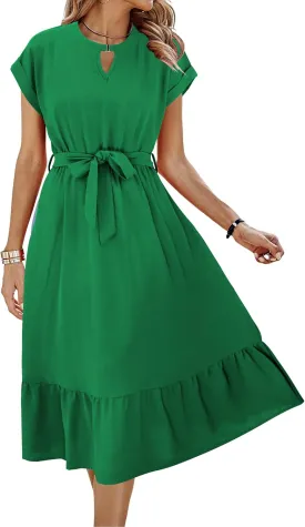 ECOWISH Womens Casual Midi Dresses Solid V Neck Short Sleeve Button Shirt Belted Dress with Pockets for Spring Summer 2025